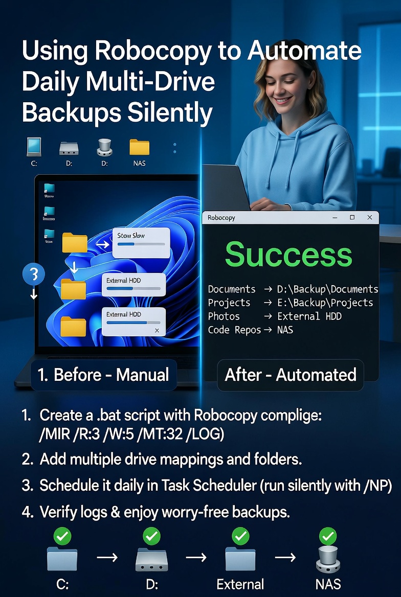 Using Robocopy to Automate Daily Multi-Drive Folder Backups Silently