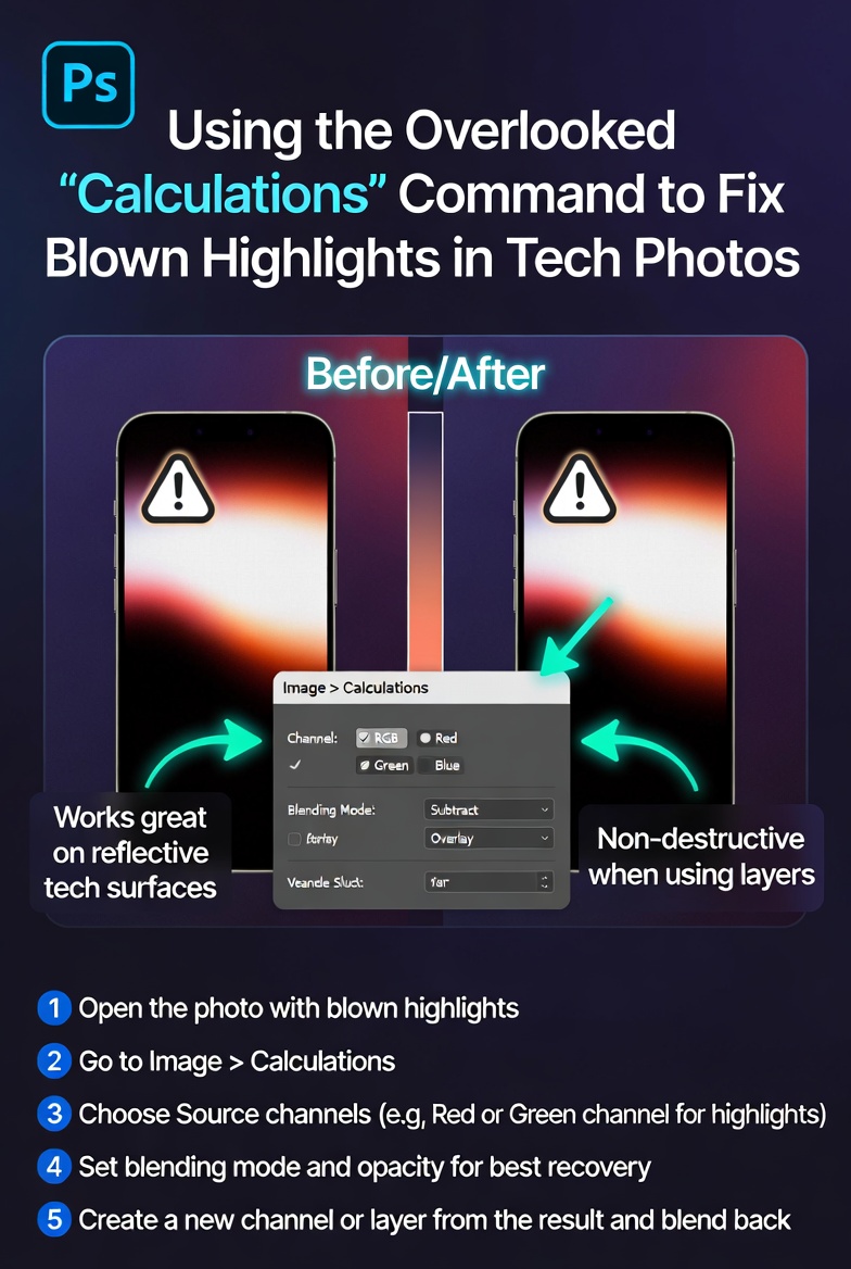 Using the Overlooked "Calculations" Command to Fix Blown Highlights in Tech Photos